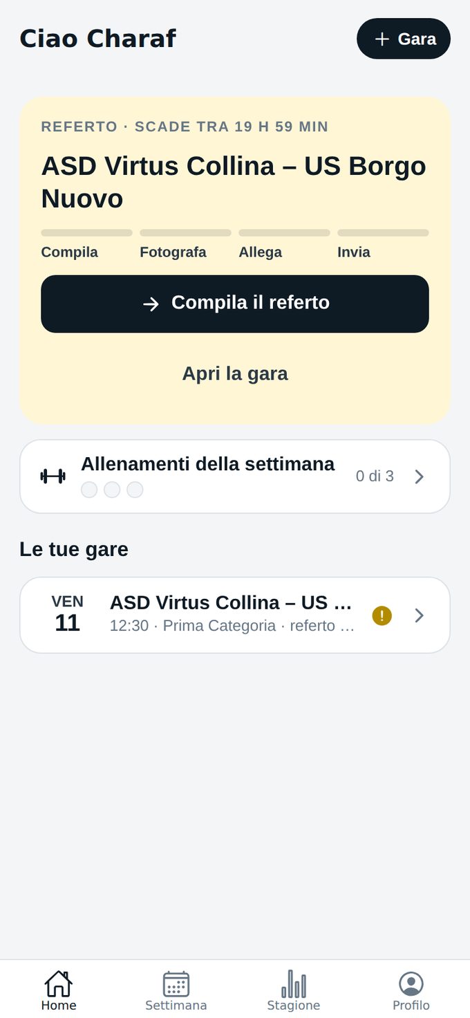 Schermata iniziale dell'app con il referto da chiudere e i passi Compila, Fotografa, Allega e Invia